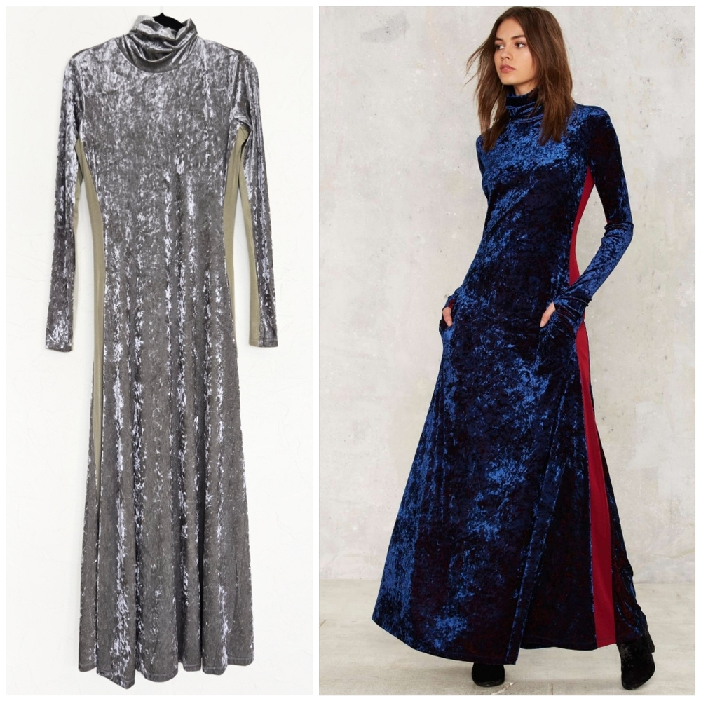 We are HAH Hot as Hell Crushed Velvet Green Silver Long Sleeve Maxi Dress, S